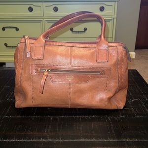 Fossil Satchel Purse. Medium Brown/Camel Color Leather. Very Good Used Condition